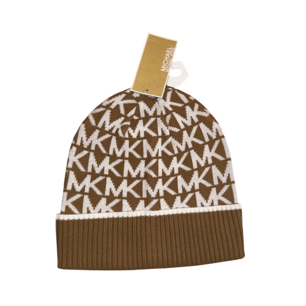 Michael Kors Dark Camel Cream Monogram Beanie Skully Hat 537988C